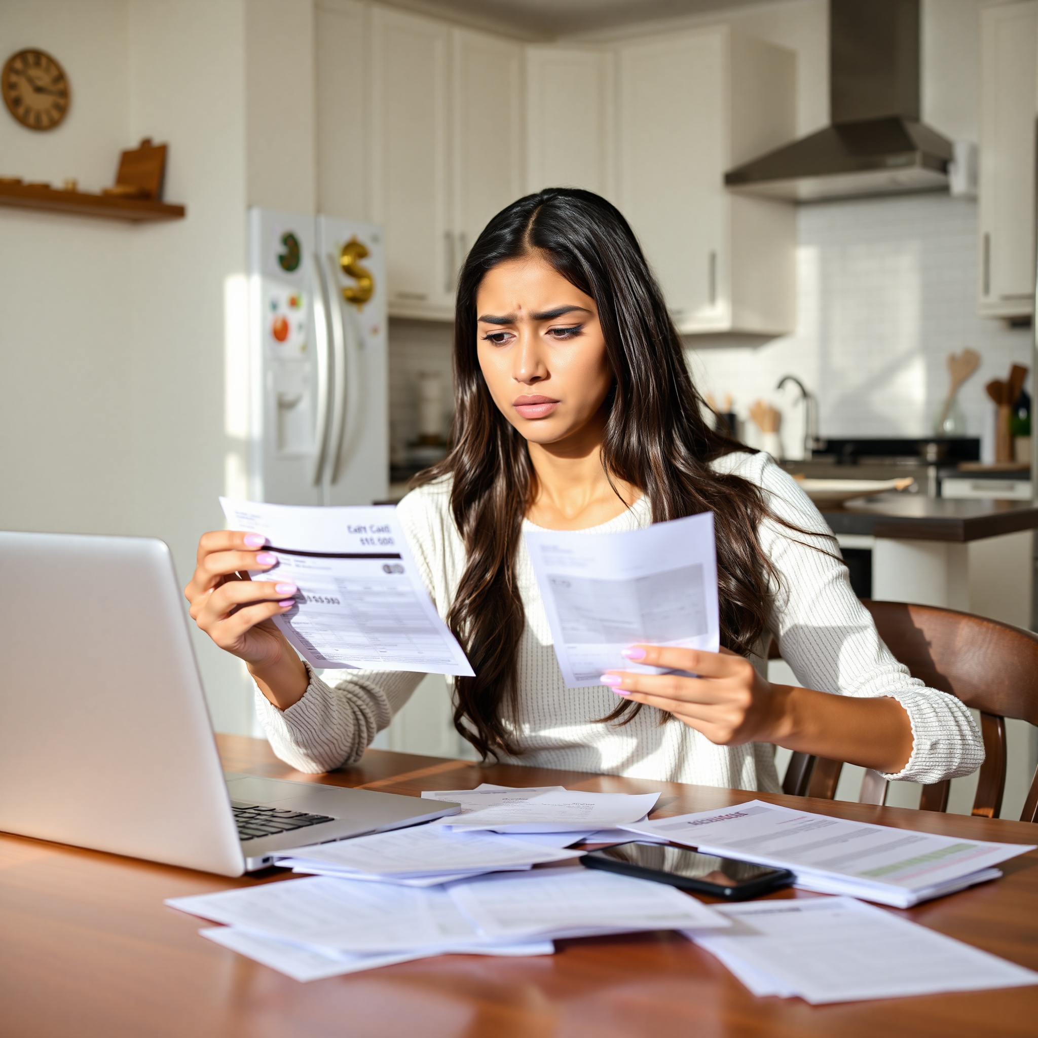 Young adult reviewing credit card statement with concerned expression at home office