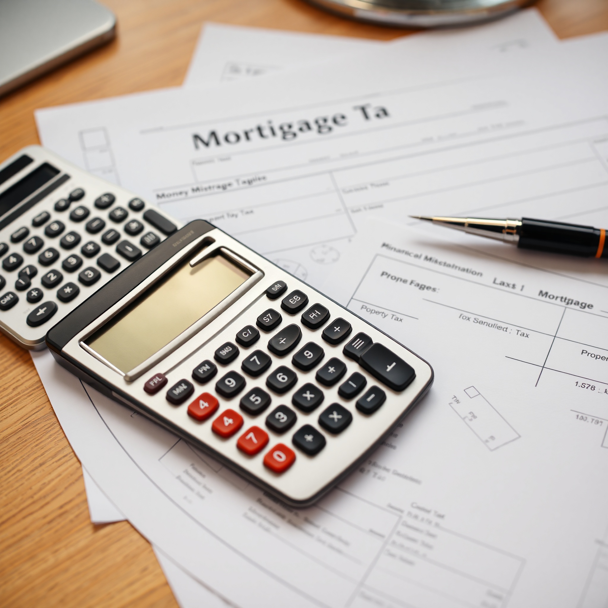 Close-up of financial calculator with mortgage documents, pen, and property tax notices spread on wooden desk
