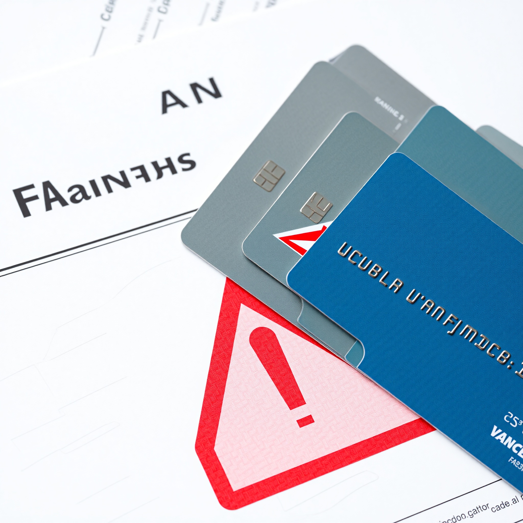 Close-up of credit cards and financial statement with warning symbol, highlighting debt management concept