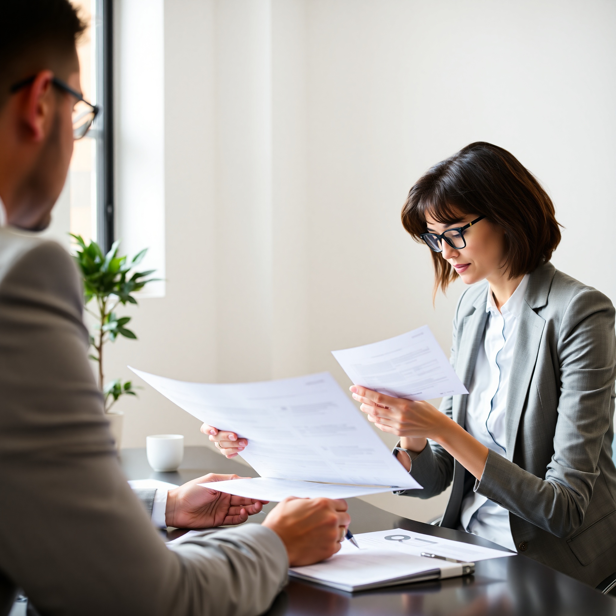 Professional financial advisor reviewing credit card statements with client at modern office desk
