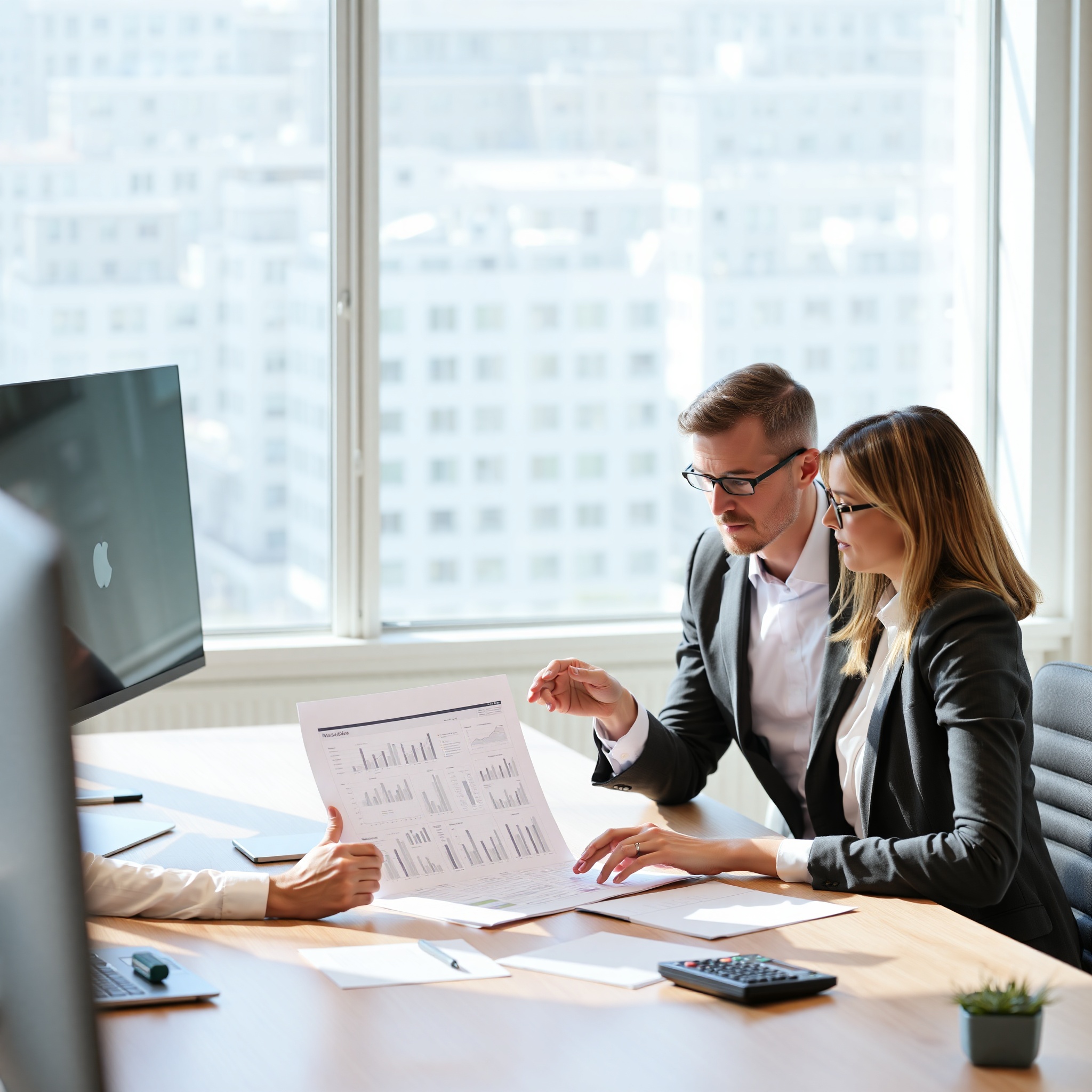 Professional financial advisor reviewing budget documents with client at desk