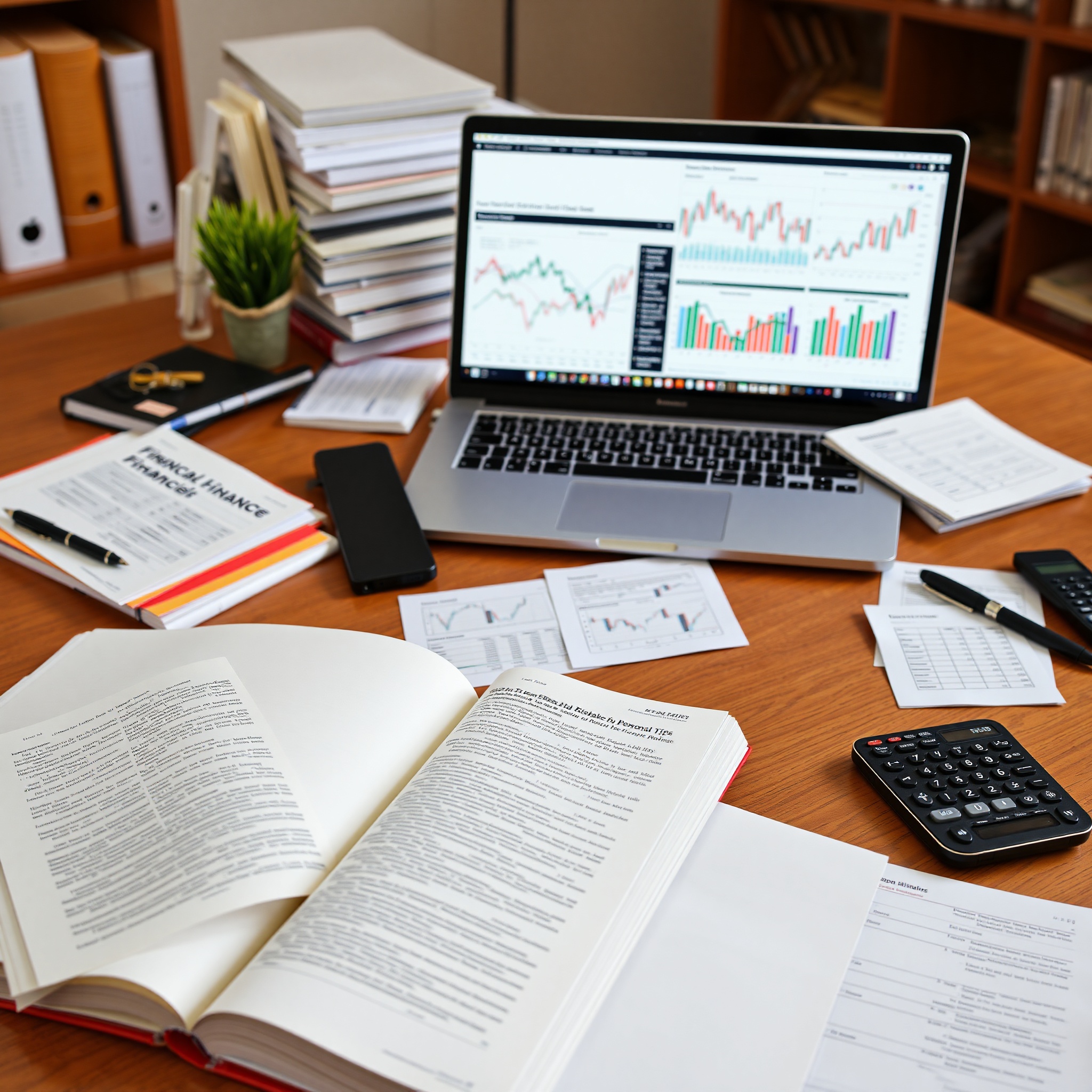 Financial education resource with books, laptop showing charts, and organized learning materials on desk