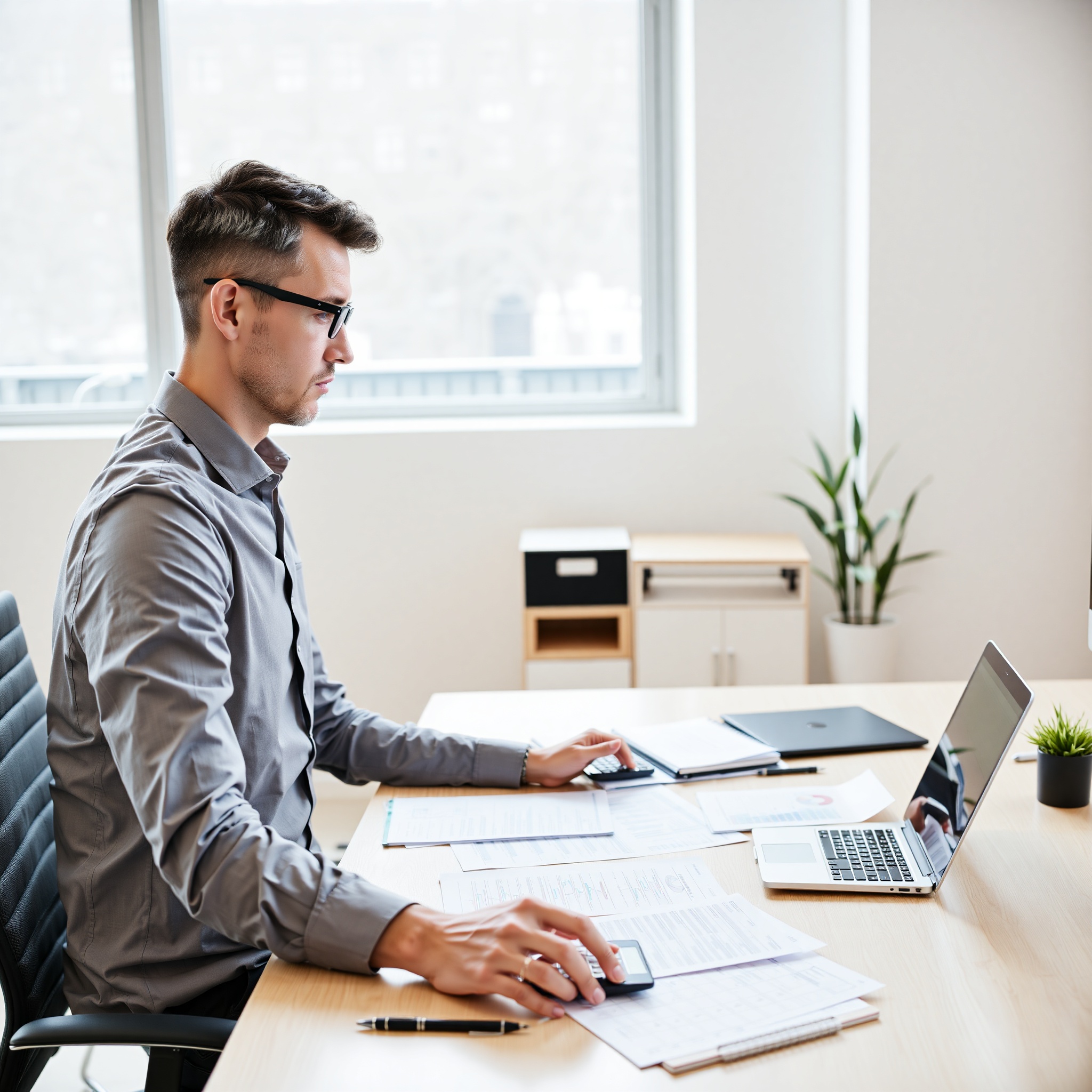 Professional accountant reviewing financial statements and emergency savings plan at organized desk with calculator