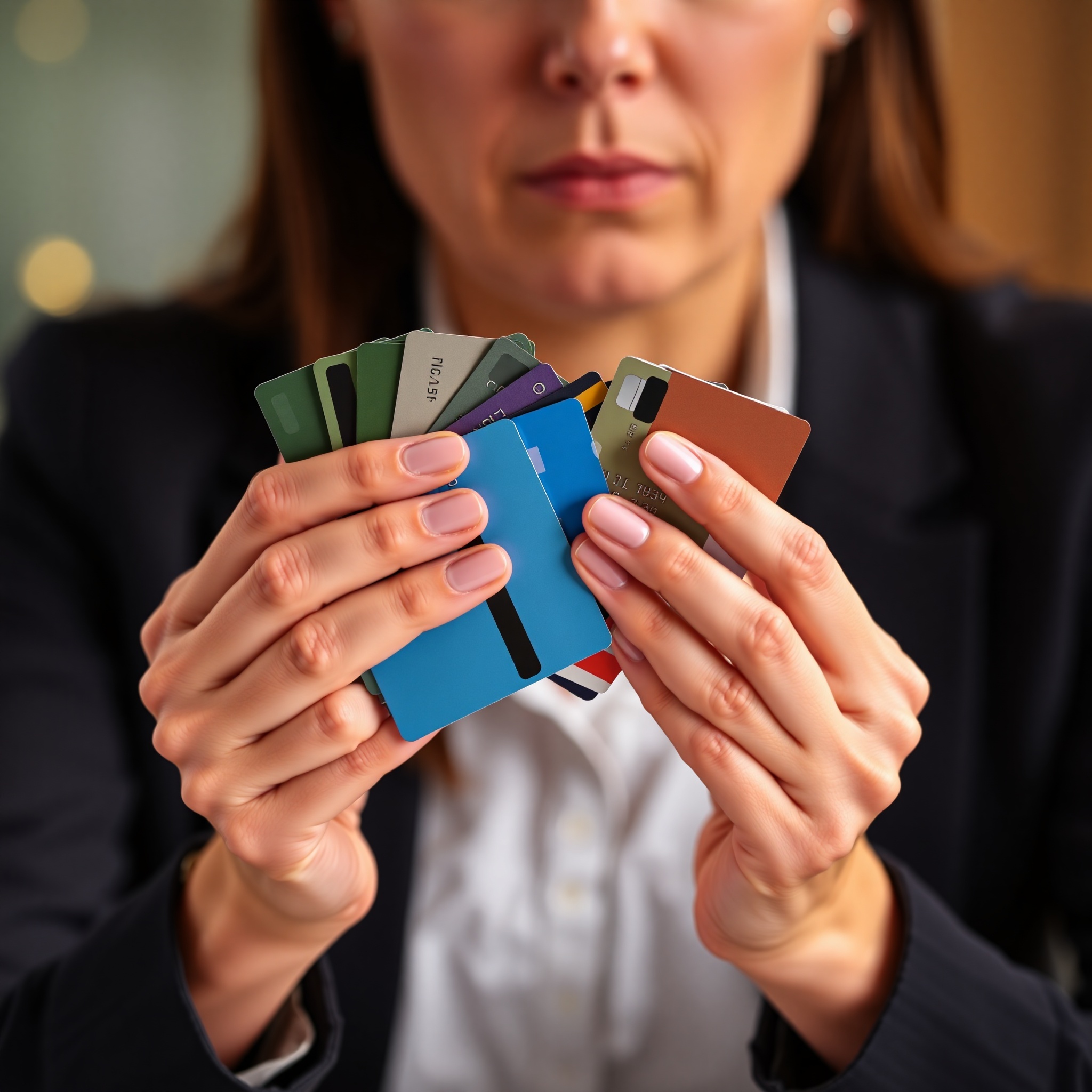 Person holding credit cards with concerned expression about debt