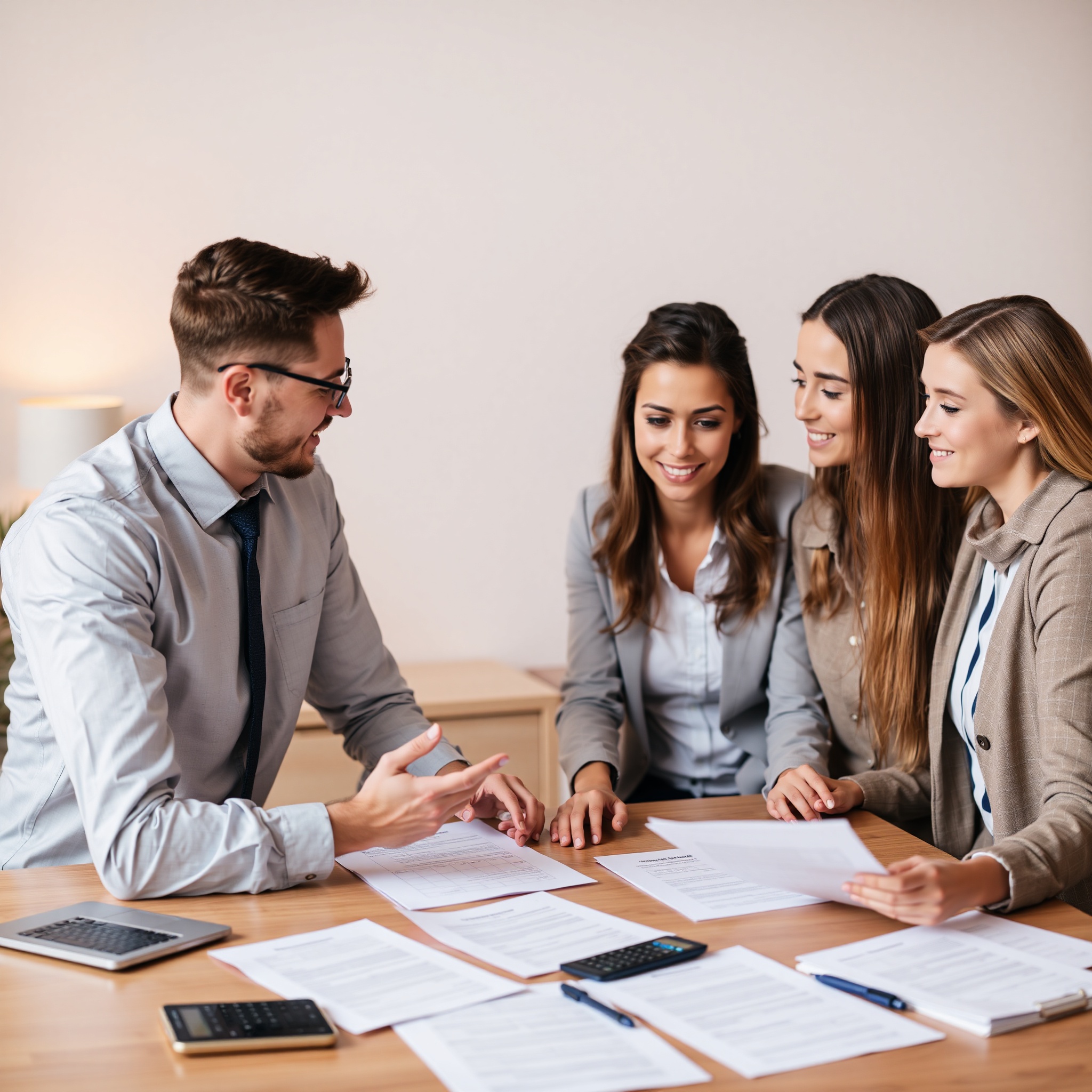 Young couple meeting with mortgage advisor reviewing home financing options