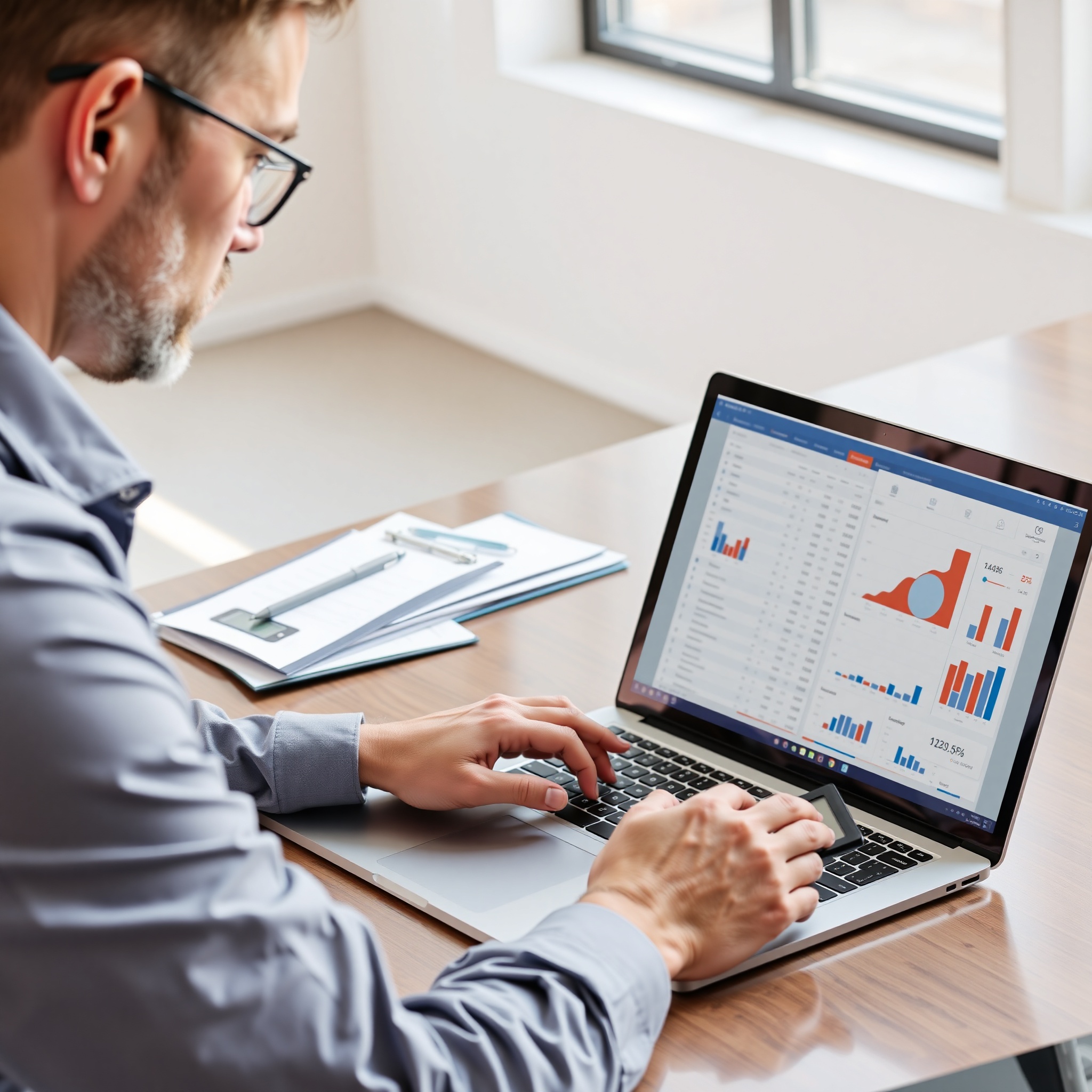 Businessman analyzing budget spreadsheet with calculator and financial charts at modern workspace