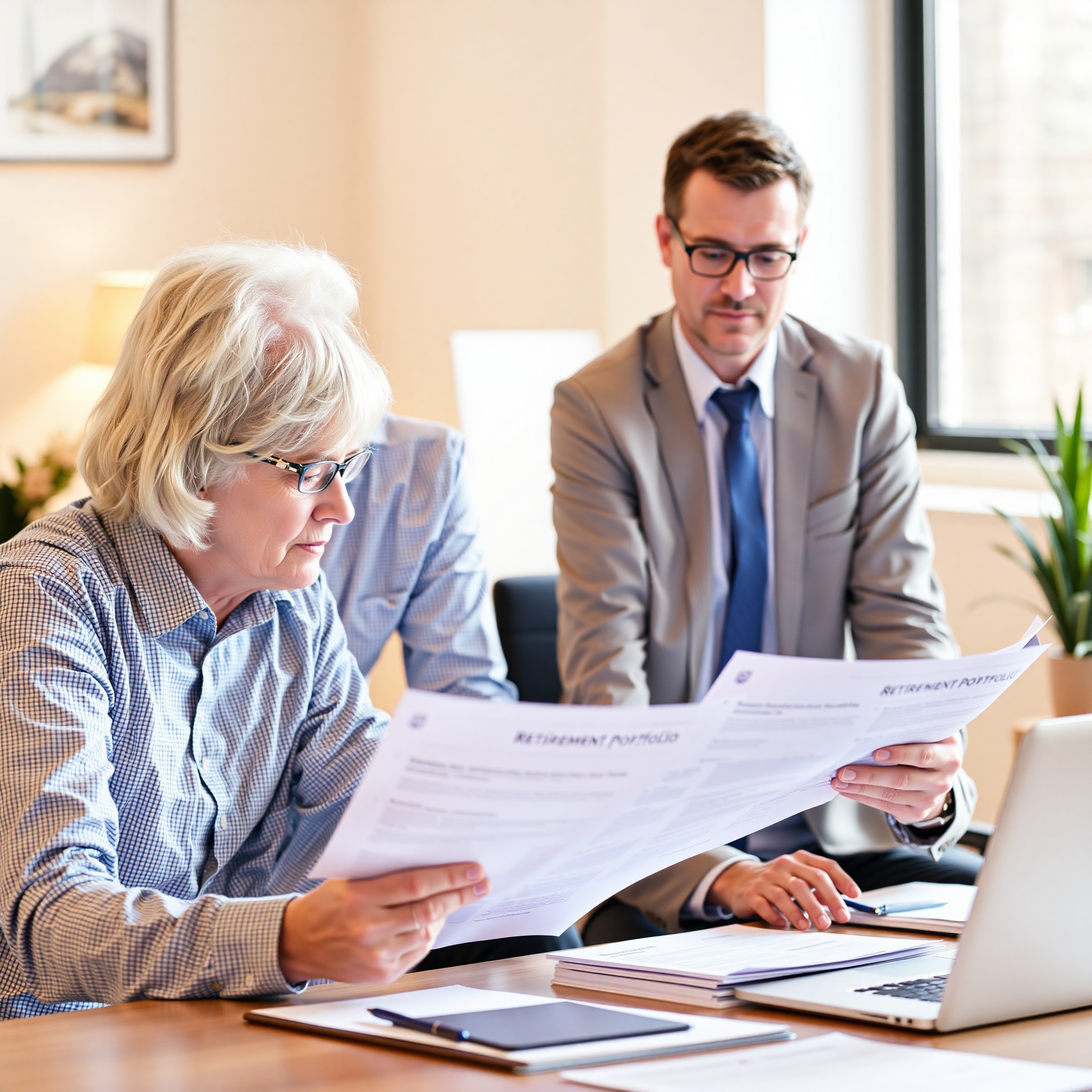 Mature professional reviewing retirement investment portfolio with financial advisor in consultation office with charts