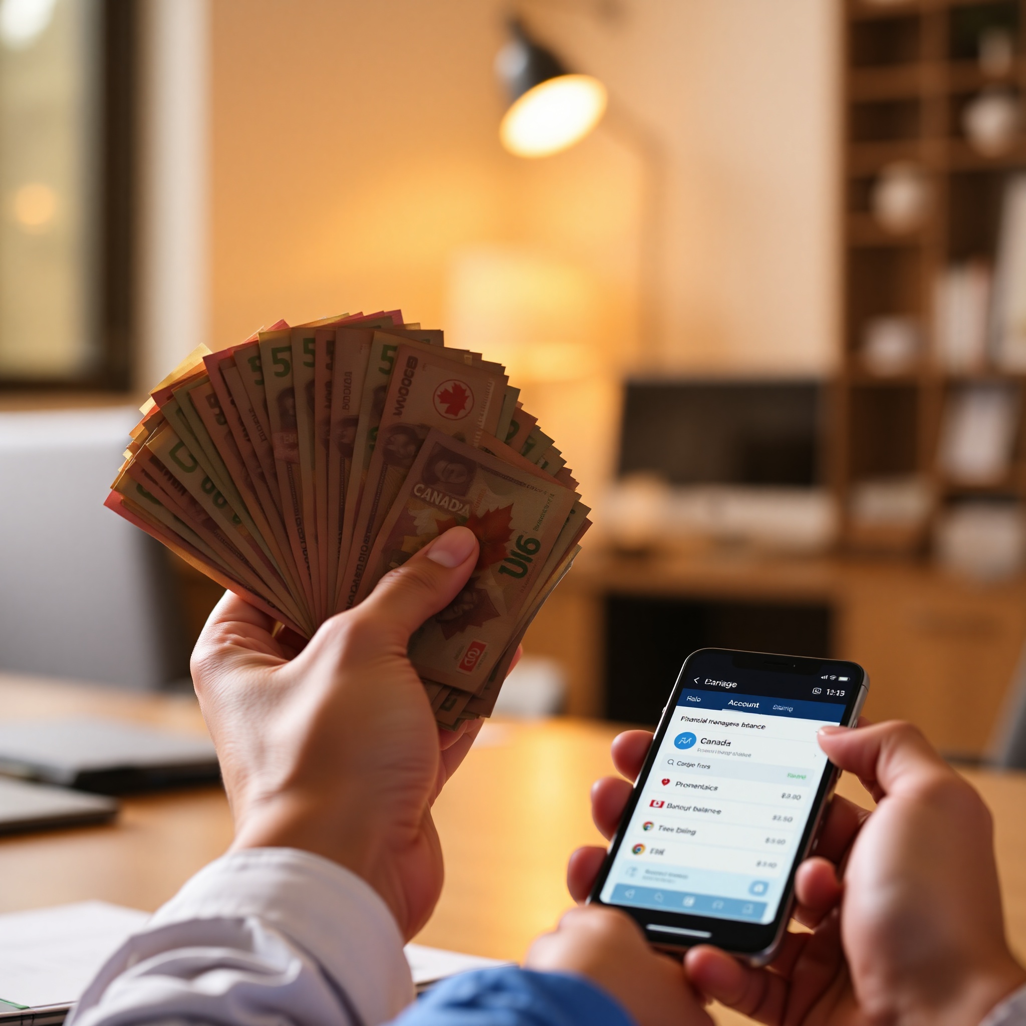 Close-up of hands holding Canadian currency and smartphone with banking app showing account balance