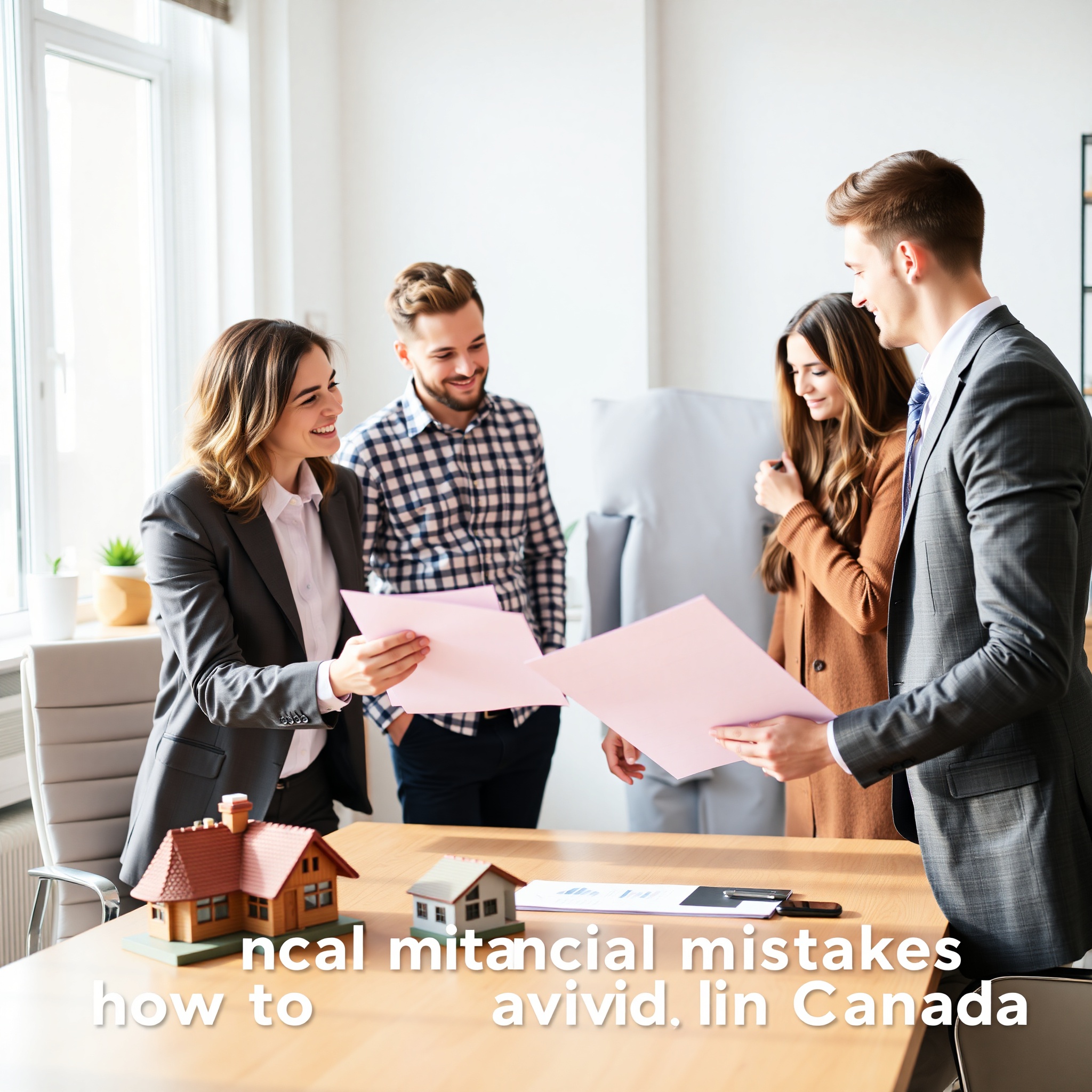 Professional real estate agent reviewing mortgage documents with first-time homebuyers at office desk with model house, financial papers, and laptop