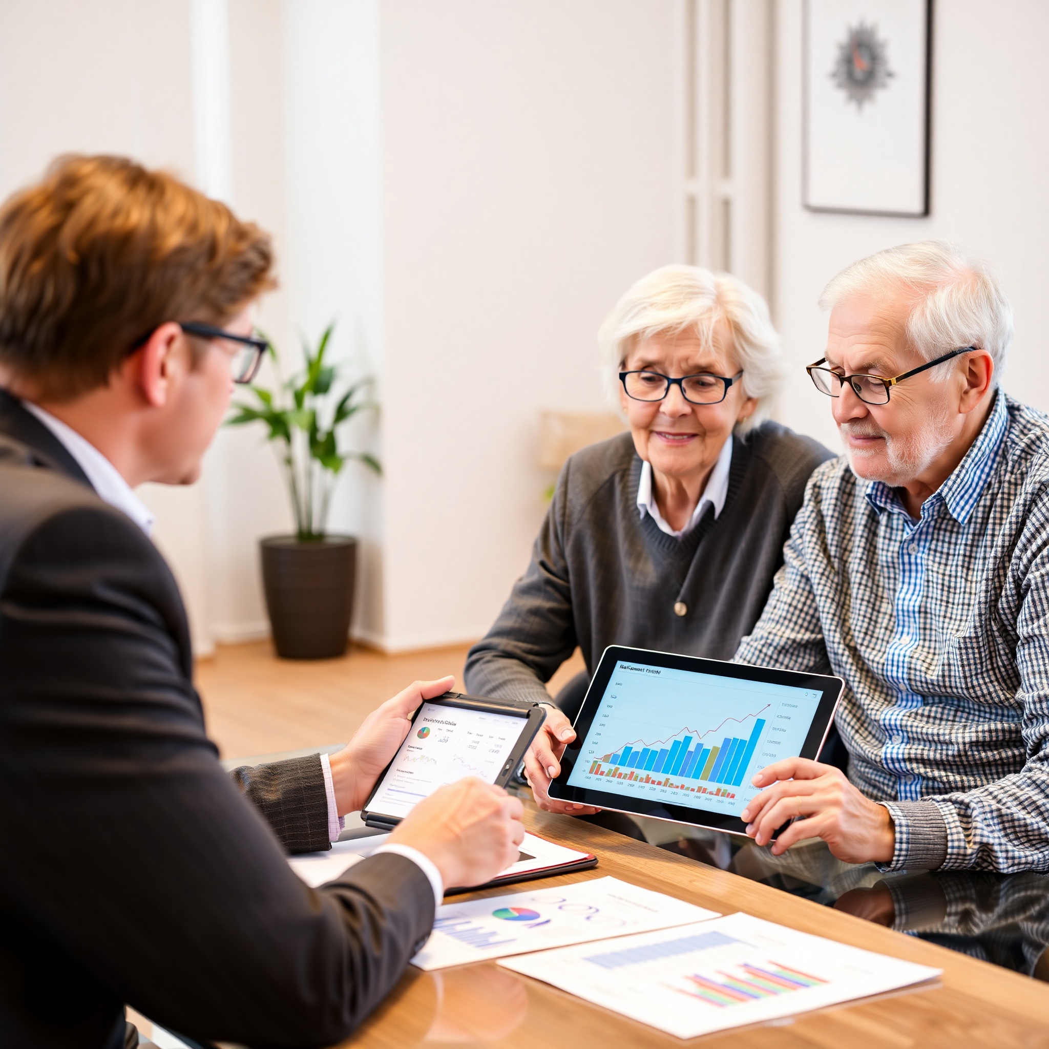 Retirement planning meeting with professional showing investment portfolio growth chart