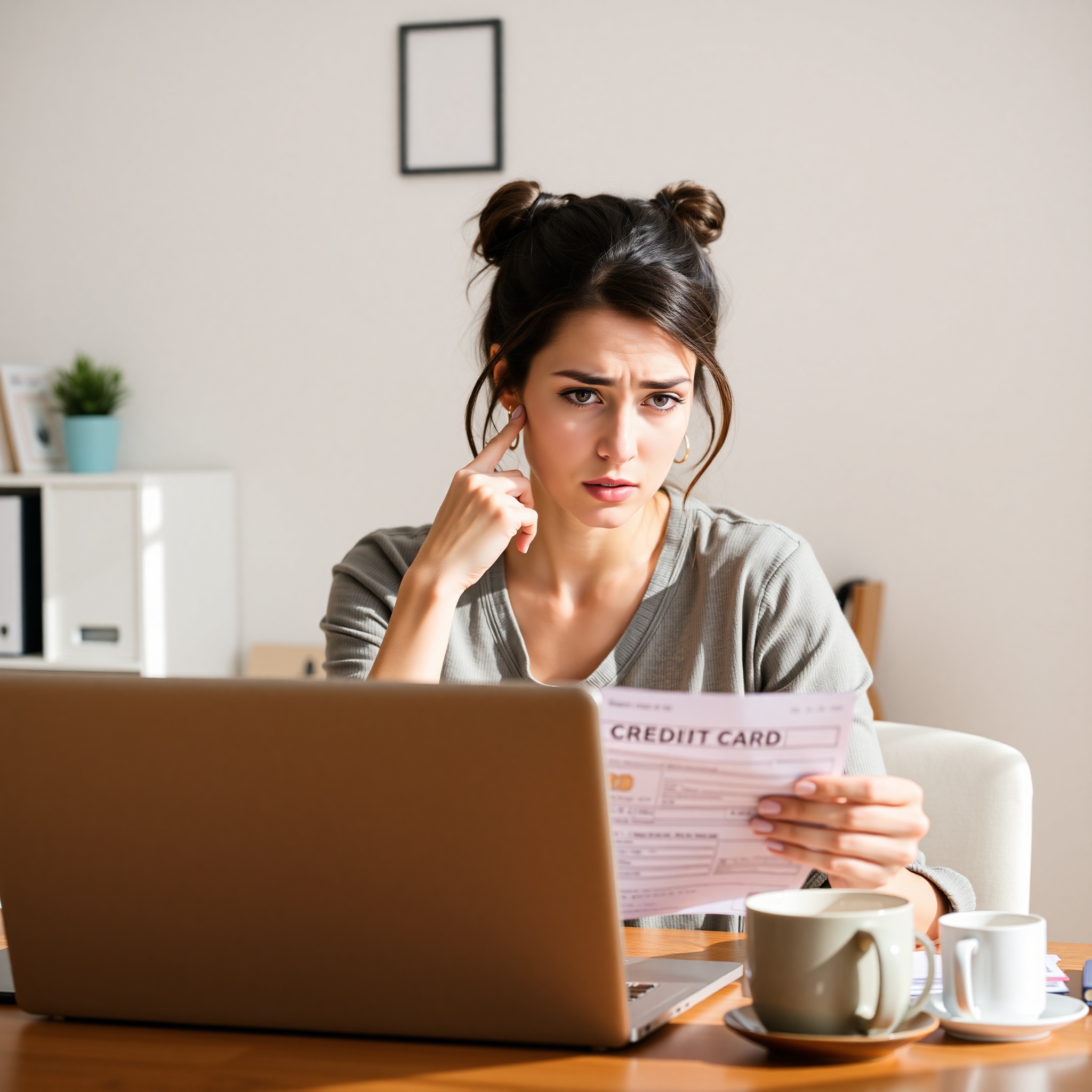 Young adult reviewing credit card statement with concerned expression at home office