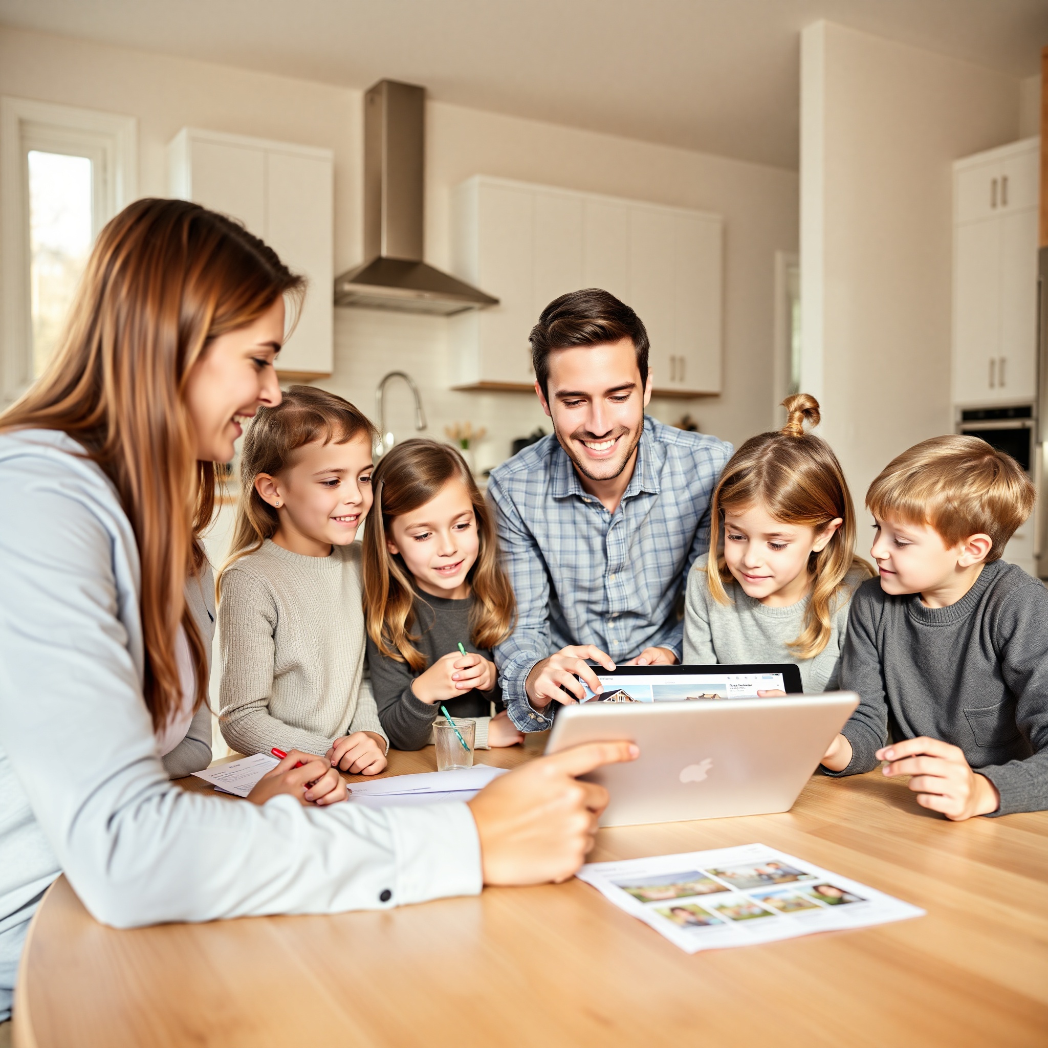 Family discussing home purchase mortgage options with real estate agent